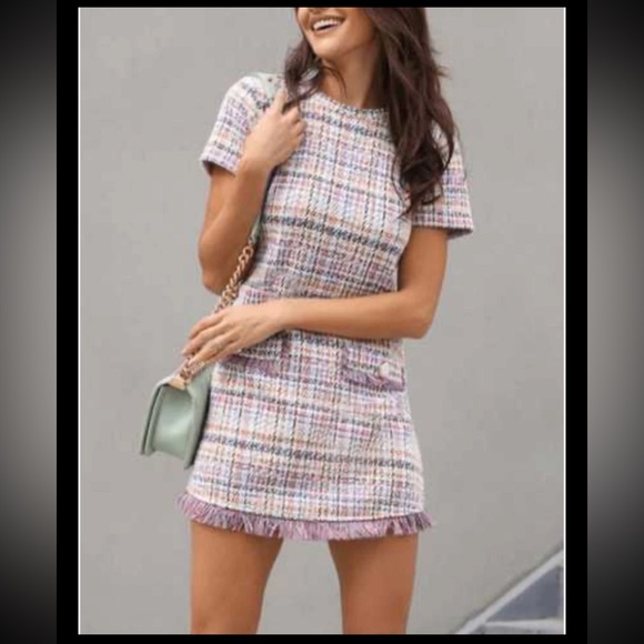 Zara Trafaluc Pink Tweed Mini Dress sz Large Blogges Fav Academia Preppy Office - Picture 1 of 7